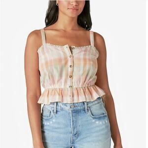 NWT Lucky Brand Tank Top Plaid Ruffled Button Front Adjustable Straps Womens XL